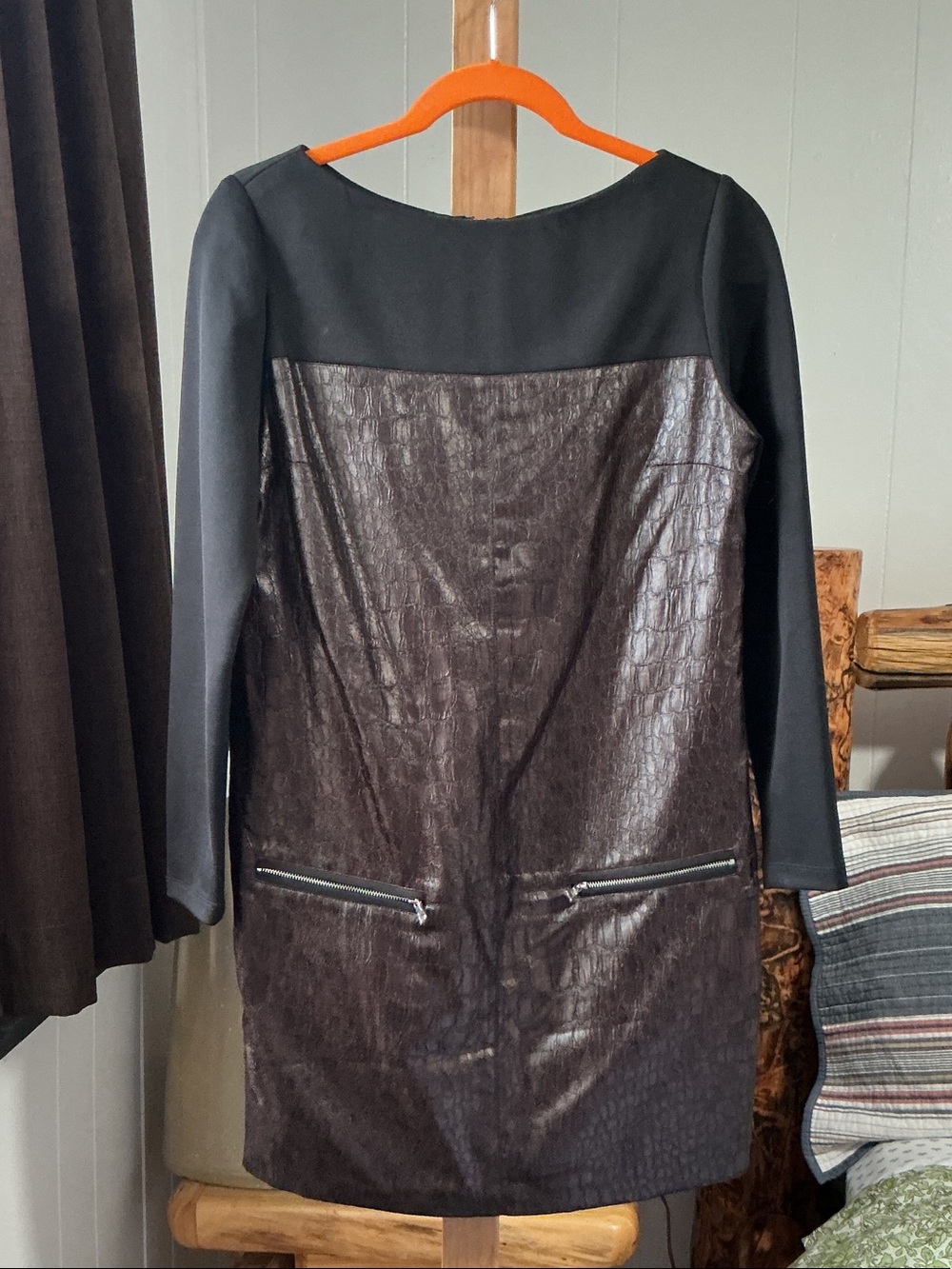 Maggy London Black and Dark Brown Faux-Leather Long Sleeve Shift Dress